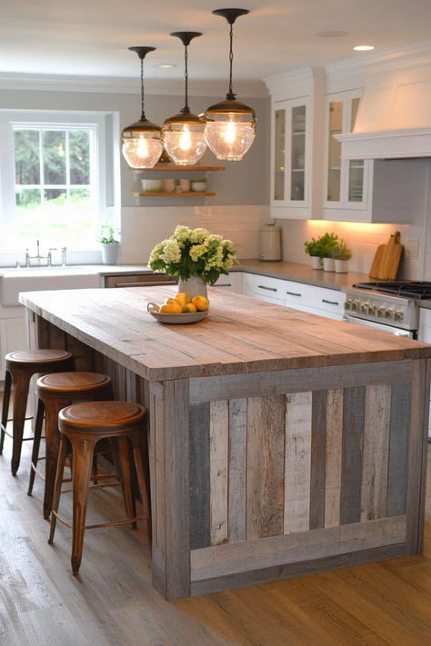 31 Kitchen Island Ideas To Transform Your Cooking Space Farm Style Kitchen Island Ideas, Large Rustic Kitchen Island With Seating, Kitchen Ideas Wood Island, Wooden Countertop Island, All Wood Island, Rustic Islands For Kitchen, Cedar Kitchen Island, Kitchen Island Wood Design, Stone Kitchen Island Ideas