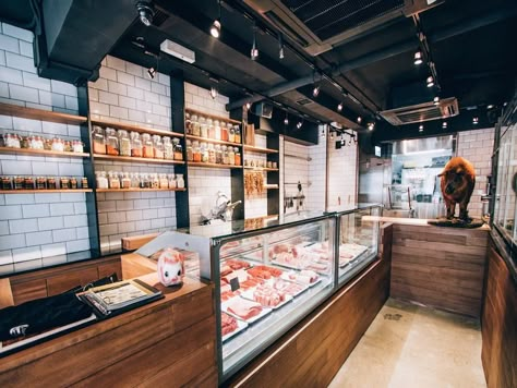 (shelves on tile) Bones & Blades, Hong Kong Butchery Ideas, Butcher Shop Design, Butcher Shop Ideas, Butcher Store, Local Butcher Shop, Meat Store, Meat Shop, Meat Markets, Industrial Factory