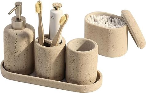 Amazon.com: Bathroom Accessories Set, 5PCS Modern Bathroom Accessory Set with Soap Dispenser, Mouthwash Cup & Toothbrush Holder, Qtip Holder, Tray : Home & Kitchen Modern Bathroom Accessories Set, 5 Piece Bathroom, Organic Modern Bathroom, Modern Bathroom Accessories, Bathroom Tumbler, Bathroom Accessories Set, Foam Soap Dispenser, Travertine Stone, Bathroom Accessories Sets