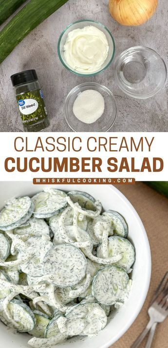 Cool and refreshing cucumber salad is made with fresh cucumbers, zippy onions, and dill sour cream dressing. Perfect for that end of summer side dish. Cucumber Salad Sour Cream, Creamed Cucumber Salad, Cucumber And Onion Salad, Sour Cream Dressing, Garden Cucumbers, Easter Side Dish, Cucumber And Onion, Cucumber Salad Vinegar, Cucumber Onion Salad