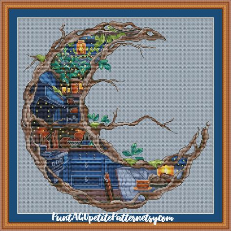 Fairy tale kitchen cross stitch pdf pattern Kitchen Cross Stitch, Fantasy Cross Stitch, Fairy Tree, Cute Cross, Cute Cross Stitch, Blue Kitchen, Dmc Thread, Fantasy Fairy, Half Moon