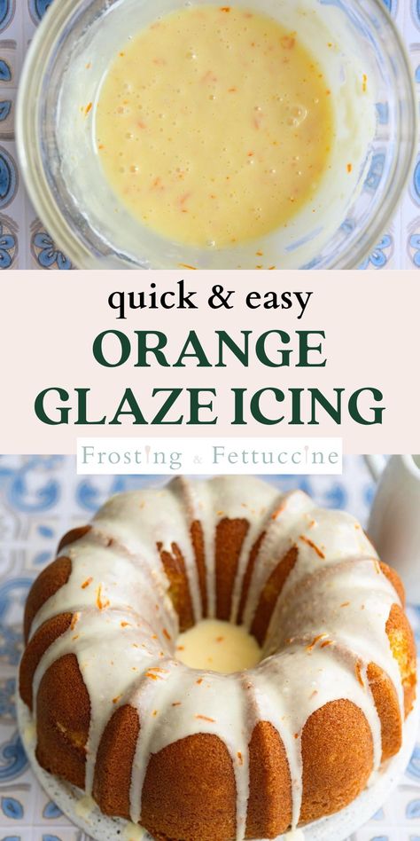 Orange icing is the perfect glaze to top bundt cakes or dip donuts into! This orange glaze recipe is made with fresh orange juice and orange zest for a bright and zesty flavor. It can be made in one bowl in just 2 minutes! Orange Glaze Icing, Orange Cake Frosting, Orange Cake Icing, Orange Glaze Cake, Glazed Icing Recipe, Frosting For Cupcakes, Cake Glaze, Orange Juice Cake, Pound Cake Glaze