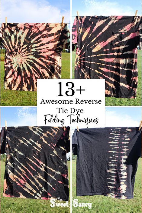 Awesome Reverse Tie Dye Folding Techniques - My Sweet and Saucy Reverse Tie Dye Folding Techniques, Folding Techniques For Tie Dye, Reverse Bleach Tie Dye, Bleach Tie Dye Techniques, Reverse Tie Dye With Bleach Patterns, Diy Reverse Tie Dye Bleach, Reverse Tie Dye Patterns Techniques, Tie Dye Hacks, How To Reverse Tie Dye