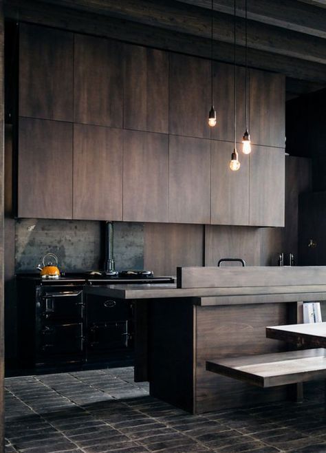 Wabi Sabi Architecture, Dark Wood Kitchens, Kitchen Room Decor, Dark Kitchen, Wood Kitchen Cabinets, Dark Interiors, Trendy Kitchen, Black Kitchens, Wood Kitchen