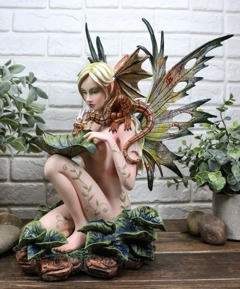 Fairy Figurines Collectible, Blonde Fairy, Dragon Companion, Garden Fairies Figurines, Ooak Fairy, Fairy Statues, Pixies Fairies, Clay Fairies, Fairy Pictures