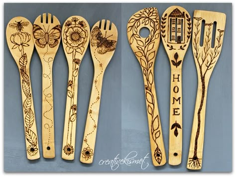 wood burning bamboo spoons | Flickr - Photo Sharing! Wood Burn Spoons, Beginner Wood Burning, Pyrography Designs, Wood Burning Pen, Pyrography Ideas, Woodburning Ideas, Wood Burning Projects, Wood Burn Designs, Pyrography Patterns