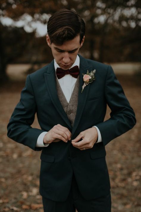 Charming Christmas Tree Farm Wedding Inspiration | Junebug Weddings Green Tux, Fall Wedding Trends, Tweed Wedding, Suits Groom, Groom Wedding Attire, Chic Vintage Brides, Wedding Suits Groom, Suit Ideas, Wedding Groomsmen