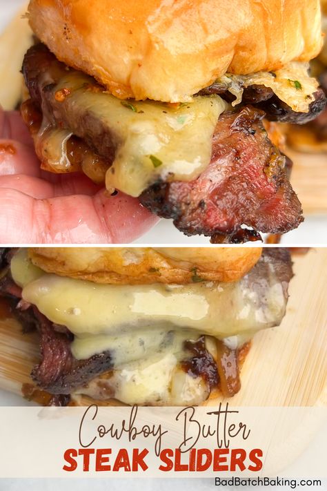 Cowboy Butter Steak Sliders - Bad Batch Baking - Restaurant Copycat Recipes & Family Favorites Steak Sandwich Sliders, Ribeye Steak Sliders, Filet Sliders, Cowboy Butter Steak, Steak Appetizers, Steak Sliders, Monthly Meals, Cowboy Butter, Steak Sandwich Recipes