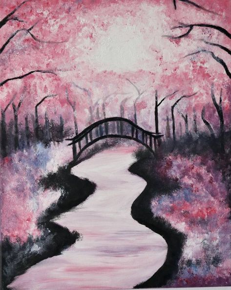 Cherry Blossom Painting On Canvas, Cherry Blossom Drawing Tree, Cherry Blossom Tree Painting Easy, Sakura Tree Drawing, Tree Impressionism, Spring Season Painting, Sakura Tree Painting, Painting Cherry Blossom Tree, Pink Landscape Painting