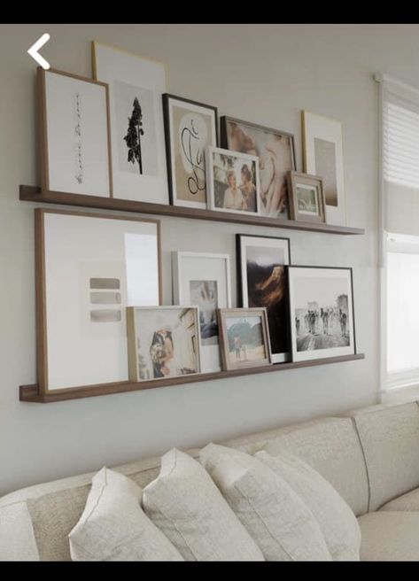 Photo Gallery Behind Couch, Picture Shelf Hallway Photo Ledge, Gallery Wall Over Couch Living Rooms, Behind Couch Wall Decor Vintage, Living Room Picture Shelf, Shelf With Pictures Above Couch, Engagement Photo Gallery Wall, Above Couch Wall Decor Apartment, Picture Shelves Above Couch