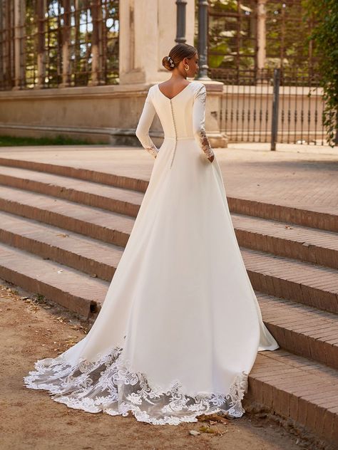 Bateau Neckline Wedding Dress Long Sleeve, V Neck Modest Wedding Dress, Winter Elopement Dress Long Sleeve, Satin Wedding Dress Sleeves, Modest Elegant Wedding Dress, Long Sleeve Satin Wedding Dress, Conservative Wedding Dress, Wedding Dress Buttons, Modest Bridal