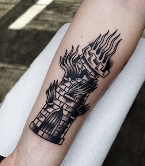 Simple Black Tattoos, The Tower Tarot, Optical Illusion Tattoos, Illusion Tattoos, Castle Tattoo, Traditional Tattoo Inspiration, Patriotic Tattoos, Medieval Tattoo, Tarot Tattoo