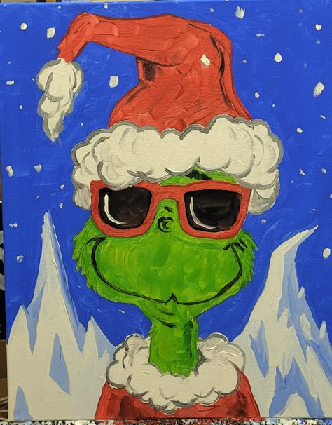 Grinch Easy Painting, Grinch Acrylic Painting, Grinch Painting, Funny Canvas Painting, Canvas Painting Projects, Sip N Paint, Christmas Picture, Christmas Painting, Painting Inspo