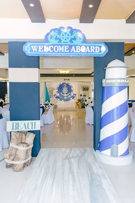 Nautical Themed Birthday Party, Boat Naming Ceremony, Nautical Theme Backdrop, Nautical Centerpiece Ideas, Nautical Birthday Party Decorations, Nautical Backdrop, Sailor Decor, Baptism Reception, Nautical Baby Shower Boy