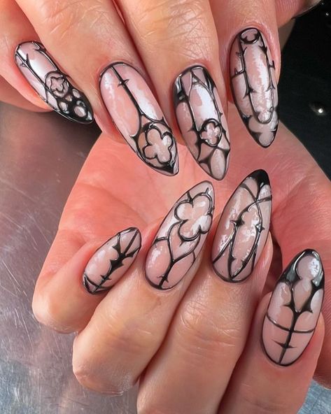 Dylan Pritchard | In My Renaissance Era Mad props to @blushnailartist for inspiring me to recreate this cathedral window look of hers! We played with… | Instagram Asymmetric Nail Designs, Spooky Oval Nails, The Love Witch Nails, Spooky Nail Designs Almond, Nail Ideas Spooky, Gothic Rose Nails, Mid Length Nail Ideas, Alt Goth Nails, Incredible Nail Art