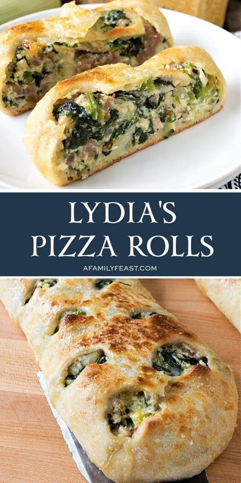 Lidia’s Pizza Rolls have pizza dough rolled and stuffed with Italian sausage, vegetables, creamy ricotta, and Parmesan cheese. Great for game day! Lidias Italy Recipes, Lidia's Recipes, Italy Recipes, Spinach Pizza, Stromboli Recipe, Pizza Stromboli, Pizza Roll, Lidia Bastianich, Pizza Calzones