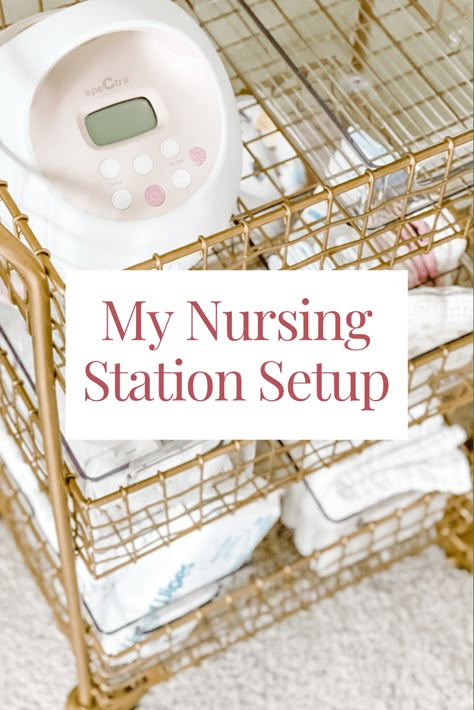 My Nursing Station Setup & Stylish Nursing Cart Roundup Nursing Area In Nursery, Nursing Station Organization, Breast Feeding Station Organization, Nursing Station Ideas, Nursing Nook Ideas, Pumping Station Cart, Pumping Station Organization, Pumping Cart Ideas, Nursing Cart Organization