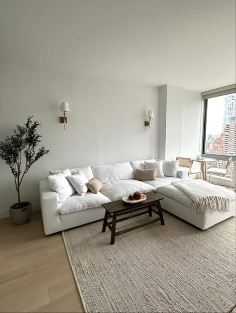 Cloud Sofa Apartment, White Cloud Couch Living Room Decor, Minimal Couches Living Room, Cloud Couch Small Living Room, Neutral Living Room Rugs On Hardwood, Organic Modern Couch, Cloud Sectional Living Room, Neutral Minimal Living Room, Cloud Couch Living Room Decor