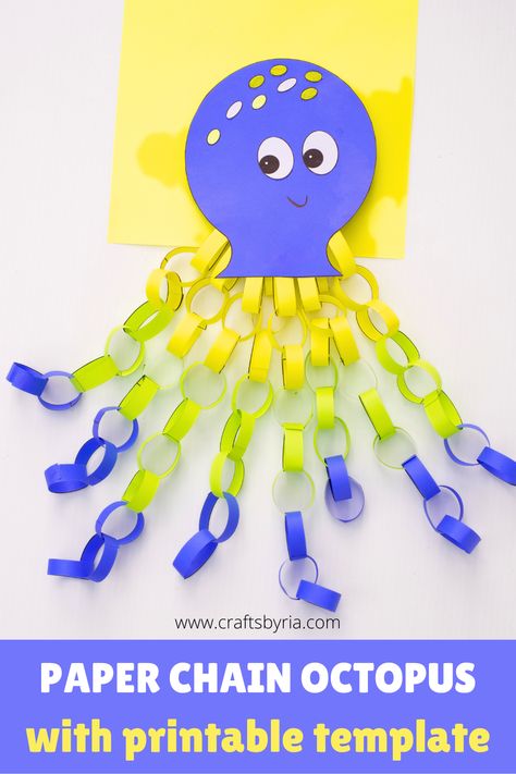 paper chain octopus craft with printable template Octopus Paper Chain Craft, Under The Sea Activity For Kids, Octopus Arts And Crafts, Paper Chain Octopus, Sea Creature Craft, Octopus Activities, Sea Creatures Crafts, Octopus Craft, Afternoon Activities