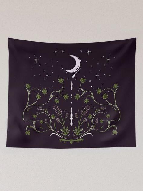 "Lavender Moon Water with Stars and Ivy Folk Art" Tapestry for Sale by Skull Fern | Redbubble Bedroom Decor Art, Lavender Moon, Moon Tapestry, Moon Water, Cute Bedroom, Art Tapestry, Cute Bedroom Decor, Duvet Comforters, Decor Art