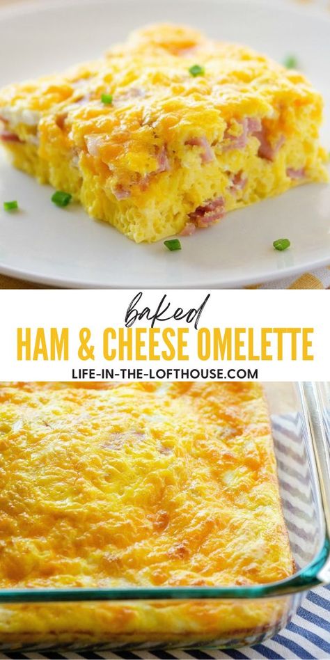 This Baked Ham and Cheese Omelette is the perfect solution when feeding a crowd. Omelette Bake Recipe, Omelette For A Crowd, Omelets For A Crowd, Egg Omelette Casserole, Baked Omlet Recipes Easy, Easy Ham And Cheese Egg Bake, Ham And Cheese Omelette Bake, Freezer Omelets, Sheet Pan Omelette Recipe