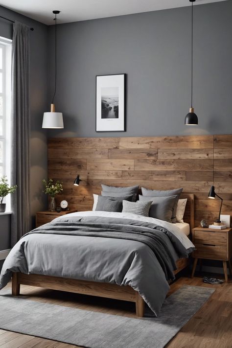 Grey And Oak Bedroom Ideas, Wooden And Grey Bedroom, Wood Wall Bedroom Ideas, Grey Small Bedroom Ideas, Wooden Bedroom Design Modern, Grey And Oak Bedroom, Brown And Gray Bedroom, Grey Floor Bedroom Ideas, Grey Furniture Bedroom