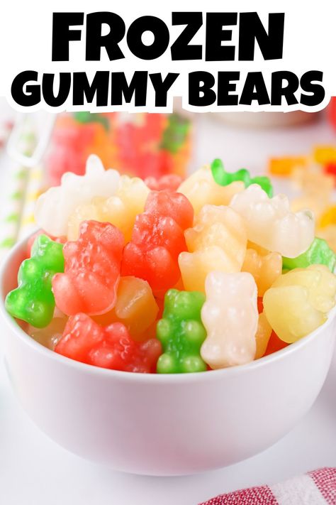 Frozen Gummy Bears in a white ceramic bowl. How To Make Gummy Bears Homemade, Gummy Bears Soaked In Sprite, Sprite And Gummy Bears, Viral Frozen Gummy Bears, Frozen Gummy Bears Sprite, Frozen Gummies, Frozen Gummy Bears, Viral Snacks, Desserts Kids Can Make