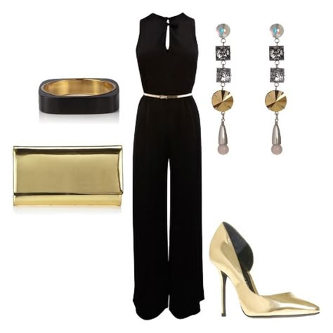 Women's outfit ideas - date night - girl's night out - club outfit - black and gold - women's jumpsuit - gold clutch - gold stilettos - metallic gold Black And Gold Outfit, Theia Dresses, Women's Jumpsuit, Gold Stilettos, Party Outfits Night, Club Outfits For Women, Gold Outfit, Gold Clutch, Club Outfit