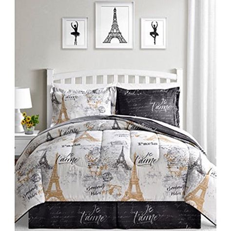 BonJour Paris, Eiffel Tower, Black, White & Gold Reversible Twin Comforter Set (6 Piece Bed in A Bag) + Homemade Wax MELT Best Quilted Comforter, Set USA Paris Bedroom Ideas For Kids, Paris Bedroom Ideas For Teens, Paris Room Ideas, Paris Girls Bedroom, Paris Bedroom Ideas, Paris Theme Bedroom, Paris Room Decor, Paris Themed Bedroom, Full Comforter Sets