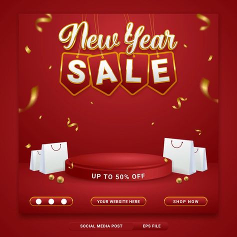 New year sale promo social media banner template with shopping bag on red background Small Business Quotes, Sale Logo, New Year's Cake, New Year Sale, New Year Banner, New Years Background, Promotional Design, Sale Banner, Banner Vector