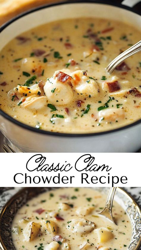 Enjoy a warm, hearty bowl of classic clam chowder this winter. The creamy, savory blend of clams and potatoes makes this soup a seasonal favorite, perfect for chilly nights. This comforting winter recipe is an easy way to add a delicious twist to any dinner. Best Clam Chowder Recipe Crock Pot, Cape Cod Clam Chowder Recipe, Clam Chowder Soup Recipes Crock Pot, Winter Warming Recipes, Clan Chowder Recipes, Diy Clam Chowder, Creamy Clam Chowder Recipe, Soup Clam Chowder, Clam Broth Recipes