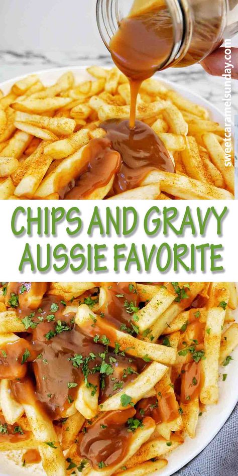 Chips and Gravy are an insanely easy Aussie or English food. Often served alongside a roast chicken or from the takeaway store as is, this much loved combo can be made at home in half the time at half the cost! #easyrecipe #chips @sweetcaramelsunday Chips And Gravy, Fries Recipes, Comforting Food, Middle East Food, Aussie Food, New Zealand Food, America Food, Food Blogging, Australian Food