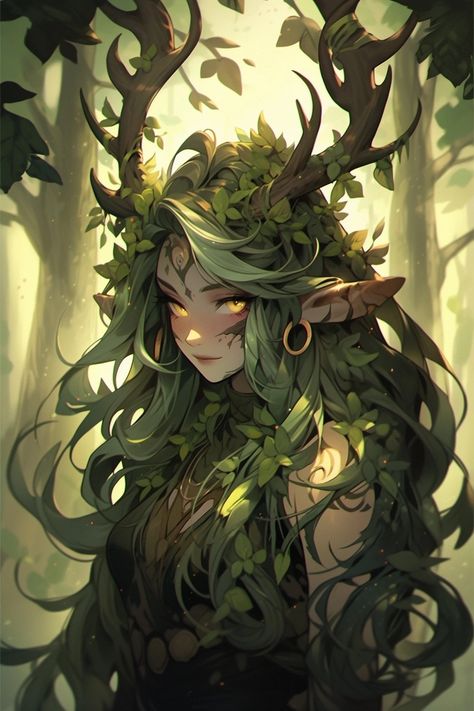 Female Plant Character, Green Dragon Human Form, Plants Character Design, Woodland Character Design, Anime Female Green Hair, Green Skin Character, Nymph Art Character Design, Female Druid Character Design, Wood Elf Character Design