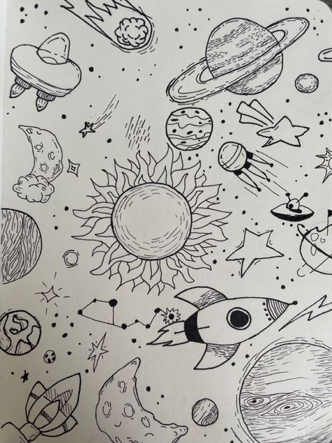 Drawing Planets Space Easy, Stars And Planets Drawing, Universe Doodle Art, Astronomer Drawing, Astroid Drawings, Planets Aesthetic Drawing, Planet Drawings, Planets Drawing, Galaxy Drawing