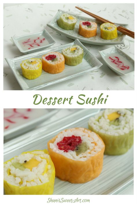 Dessert sushi recipe with fresh fruit with a salty sweet coconut cream dipping sauce.  Made with Basmati rice and coconut milk.  #dessertsushi #fruitsushi #dessertrecipe via @shanissweetart Sweet Coconut Rice, Burrito Bake, Sushi Dessert, Recipes Sushi, Sweet Sushi, Fruit Sushi, Sushi Burrito, Sushi Recipes Homemade, Candy Sushi