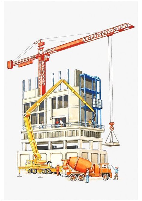 Construction Site Illustration, Construction Poster, Photograph Illustration, Puzzle Illustration, People Watercolor, Crane Construction, Construction Crane, Cement Mixers, Cement Mixer