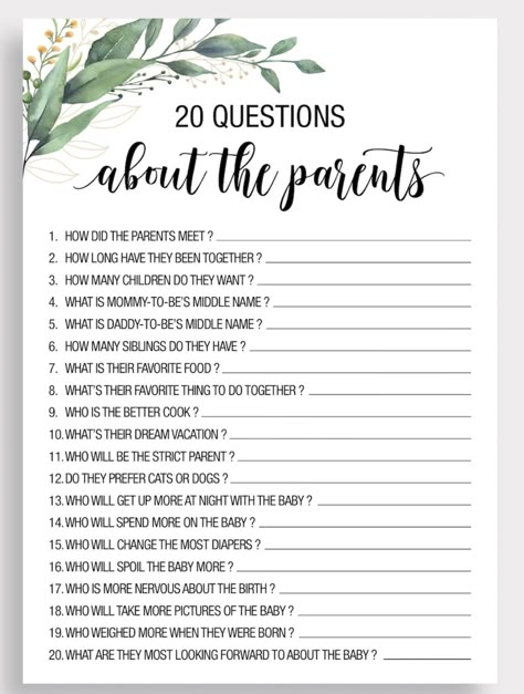 20 Questions About The Parents, Baby Shower Quiz Game, Unknown Gender Baby Shower Ideas, Baby Shower Question Game, Baby Shower Questions, Virtual Baby Shower Ideas, Baby Shower Quiz, Shower Funny, Gender Reveal Baby Shower Themes