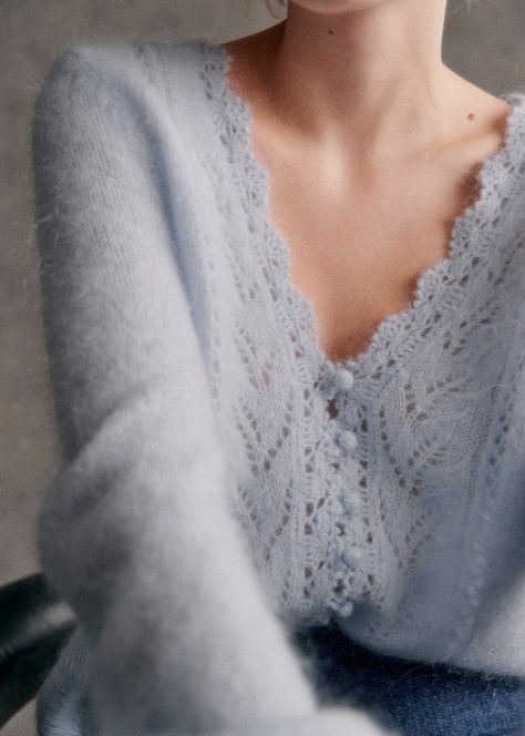 Angelo Cardigan - Sky Blue - Kid mohair - Sézane Sezane Knitwear, Sezane Sweater, Sezane Cardigan, Grandmacore Aesthetic, Lacy Cardigan, Light Blue Cardigan, Crochet Inspo, Mohair Cardigan, French Twist