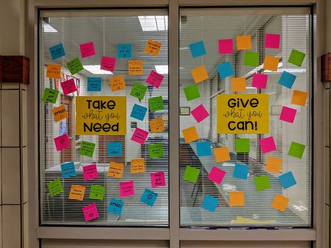 Take What You Need, Give What You Can Sticky Note Board Start With Hello Week, Self Care Bulletin Board, Sticky Note Board, Take What You Need Board, Start With Hello, Kindness Door, Easy Bulletin Board, School Counseling Bulletin Boards, Easy Bulletin Boards