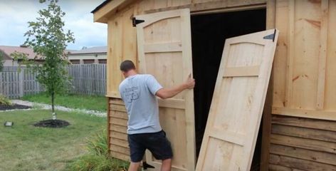 How to Create Easy-Build Shed Doors from Scratch | Hometalk Storage Shed Door Ideas, Diy Exterior Barn Door, Double Shed Doors, How To Build Shed, Home Pool Ideas, Carriage Style Garage, Shed Door Hardware, Outdoor Home Design, Build Shed