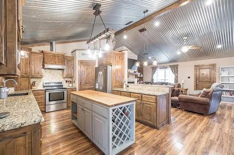 kitchen-with-corrugated-tin-ceiling Metal Ceiling In Kitchen, Corrugated Tin Ceiling Kitchen, Tin Ceilings Ideas, Kitchen With Tin Ceiling, Metal Interior Ceiling, Tin And Wood Ceiling, Tin Ceiling In Kitchen, Barndominium Metal Ceiling Ideas, White Corrugated Metal Ceiling