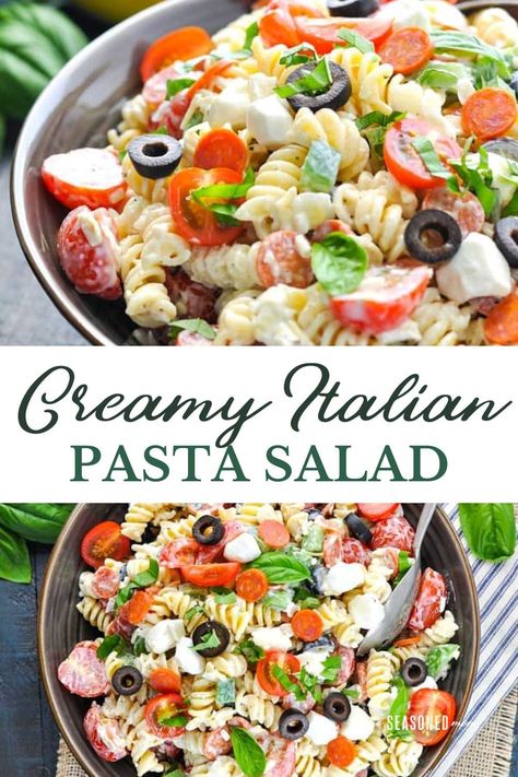 Full of fresh, flavorful ingredients, this Creamy Pasta Salad recipe is a quick and easy dish for picnics, potlucks, or light and satisfying dinners. The Italian-inspired ingredients like pepperoni, mozzarella, tomatoes, bell pepper, olives, and fresh herbs are tossed in a Creamy Italian dressing for a crowd-pleasing meal that makes summer entertaining easy! Pasta Salad With Creamy Italian Dressing, Creamy Italian Pasta, Creamy Italian Pasta Salad, Simple Plates, Italian Dressing Pasta Salad, Creamy Pasta Salad Recipe, Spring Pasta Salad, Creamy Italian Dressing, Creamy Pasta Salad