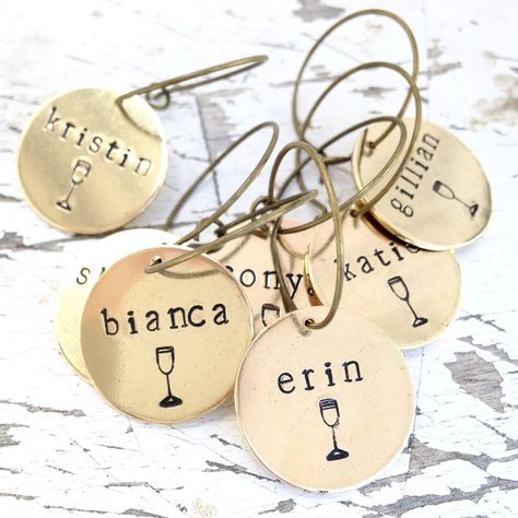 @karasvinwedding posted to Instagram: Cheers to an amazing week to come! ... - - Personalized brass glass charms are the ICING for your bridal shower or  wine tasting party. - - DETAILS + SHOP at link in profile, xo - - #charms #weddingtrends #weddingplanning #bridalshower #creativelifehappylife #winerywedding #brideandgroom #engaged #ido #partysupplies #weddinginspo #partyplanner #partydecoration #partydecor #weddinginspiration #weddingideas #weddingseason #vineyardwedding #winetasting #getting Winery Bachelorette Party, Bridal Shower Place Cards, Winery Bachelorette, Bridal Shower Wine Theme, Wine Theme Wedding, Classy Bachelorette Party, Wine Bachelorette Party, Wine Glass Tags, Bridal Shower Wine