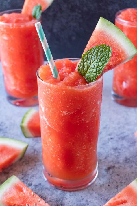 This fun watermelon drink is perfect to cool down this summer! #party #partyideas #kidscraft #atablefullofjoy #watermelonslushie #watermelon #slushie #slushy #watermelondrink #drink #summer Watermelon Recipes Drinks, Watermelon Slushie, Slushie Recipe, Watermelon Drink, Frozen Watermelon, Watermelon Recipes, Easy Drinks, Spring Recipes, Slushies