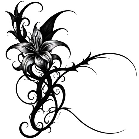 Gothic Lily Tattoo, Gothic Flower Drawing, Gothic Shoulder Tattoo, Gothic Tattoo Stencils, Gothic Stomach Tattoo, Gothic Chest Tattoo Female, Flower Lower Back Tattoo, Goth Flower Tattoo, Gothic Flowers Tattoo