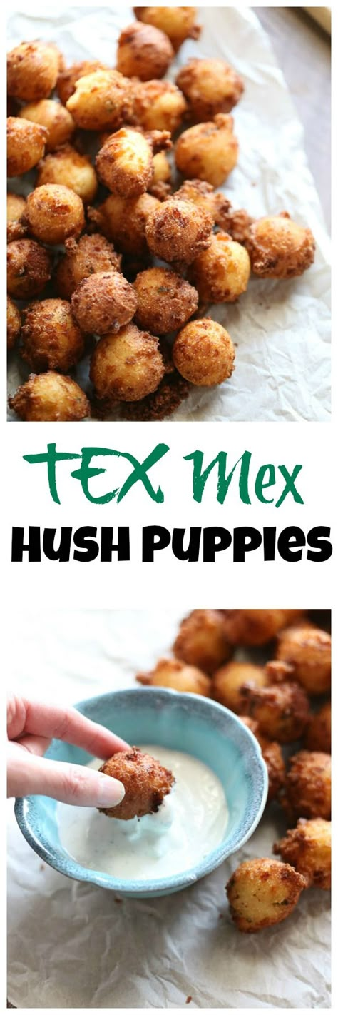 This tex mex hush puppy recipe is so fun and easy; one bite and you will be hooked!  Don’t forget the buttermilk ranch dipping sauce! lemonsforlulu.com Spicy Hush Puppies Recipe, Hush Puppy Recipe, Hush Puppies Recipe, Ranch Dipping Sauce, Hush Puppy, Buttermilk Ranch, Spicy Food, Finger Food Appetizers, Recipe Blog