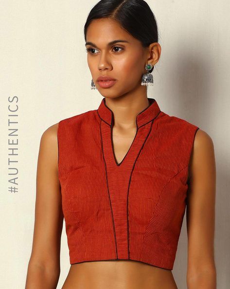 Buy Maroon Moksh Handwoven Mandarin Collar Sleeveless Cotton Textured Blouse | AJIO Band Collar Blouse, Textured Blouse, Cotton Texture, Ruby Earrings, Band Collar, Collar Blouse, Clothes Ideas, Blouse Design, Mandarin Collar