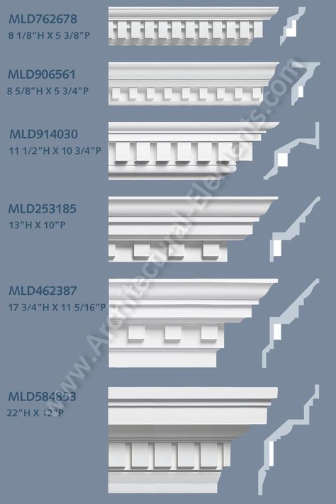 Polyurethane dentil crown mouldings add distinction to interior and exterior design. Dental Crown Molding, Victorian Molding And Trim, Colonial Crown Molding, Exterior Moulding Ideas, Georgian Molding, Dentil Molding Exterior, Crown Moulding Styles, Georgian Crown Molding, Victorian Crown Molding