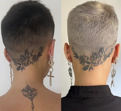 Back Of Neck And Head Tattoo, Tattoo On Head For Women, Scalp Tattoos For Women, Back Hairline Tattoo, Undercut Tattoo Women, Women Head Tattoo, Shaved Head Tattoo, Scalp Tattoo Women, Head Tattoos Women