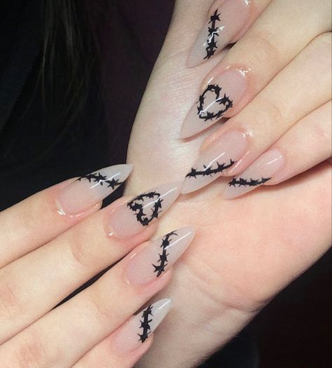 Barbed Wire French Tip Nails, Barb Wire Eyeliner, Barbwire Heart Nails, Upside Down Cross Nails, Thorn Nails, Barb Wire Nails, Goth Almond Nails, Barbed Wire Nails, Black And Nude Nails